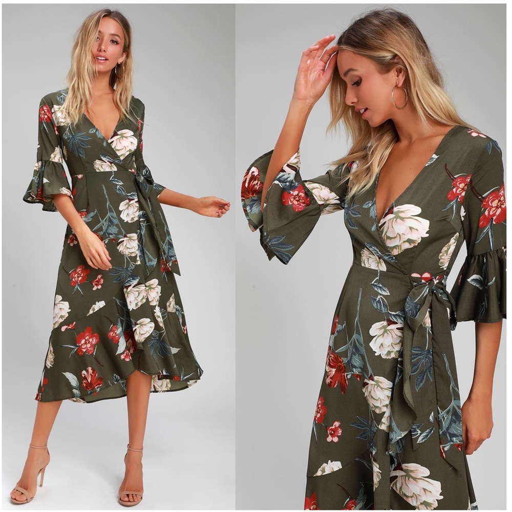 Lulu's Olive Floral Wrap Midi Dress